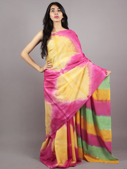 Yellow Pink Green Hand Shibori Dyed Cotton Saree - S031701569