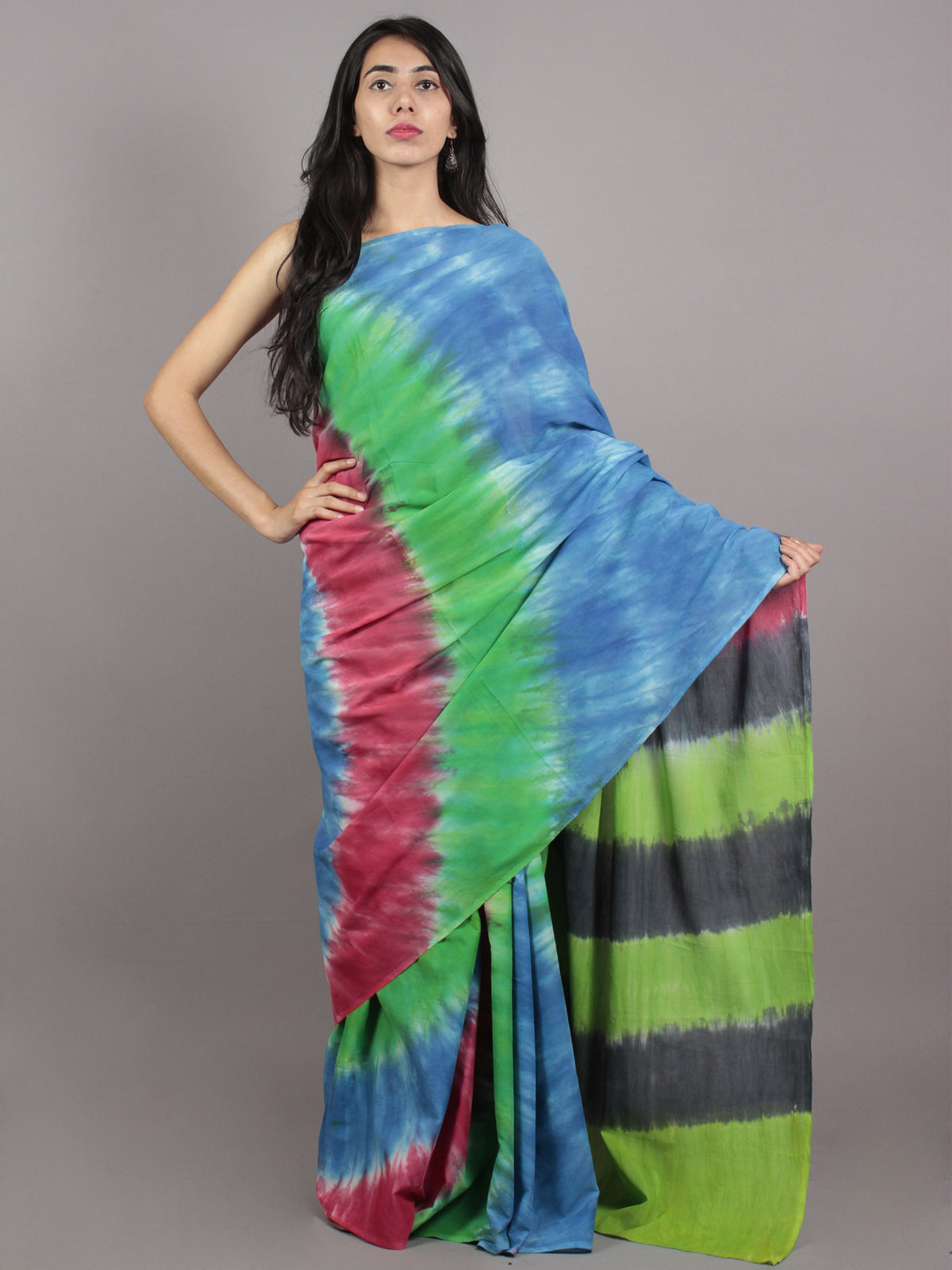 Blue Green Maroon Grey Hand Shibori Dyed Cotton Saree - S031701574