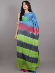 Blue Green Maroon Grey Hand Shibori Dyed Cotton Saree - S031701574