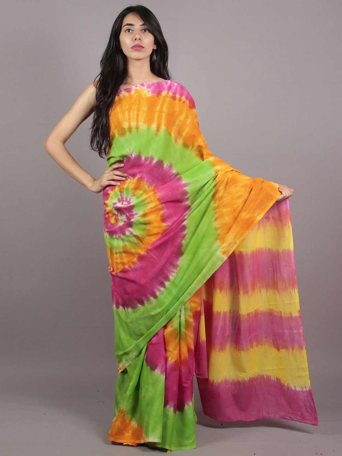 Yellow Green Pink Hand Shibori Dyed Cotton Saree - S031701575