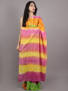 Yellow Green Pink Hand Shibori Dyed Cotton Saree - S031701575
