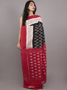Black Ivory Red Grey Ikat Handwoven Pochampally Mercerized Cotton Saree - S031701579