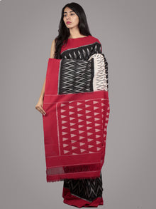 Black Ivory Red Grey Ikat Handwoven Pochampally Mercerized Cotton Saree - S031701582