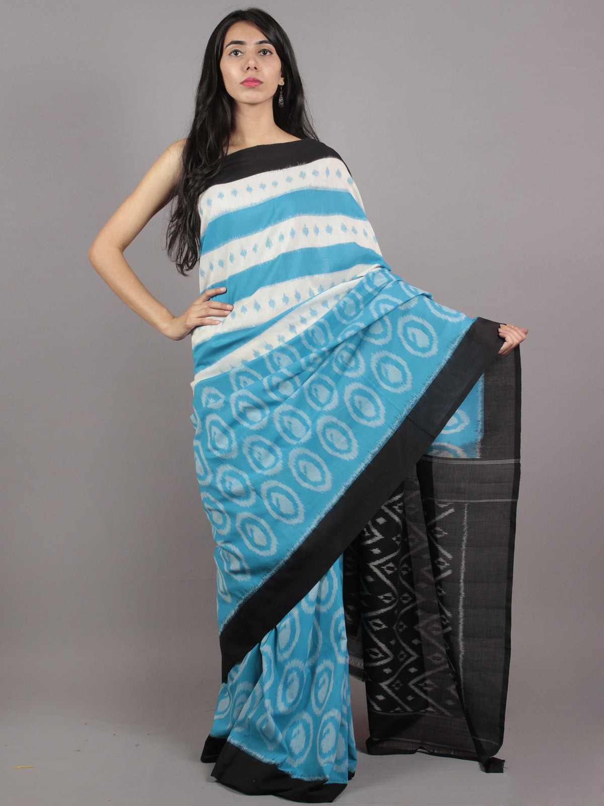 Sky Blue Ivory Black Grey Ikat Handwoven Pochampally Mercerized Cotton Saree - S031701583