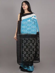 Sky Blue Ivory Black Grey Ikat Handwoven Pochampally Mercerized Cotton Saree - S031701583