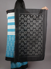 Sky Blue Ivory Black Grey Ikat Handwoven Pochampally Mercerized Cotton Saree - S031701583