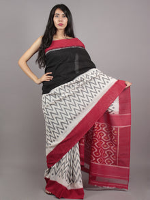 Black Ivory Grey Red Ikat Handwoven Pochampally Mercerized Cotton Saree - S031701585