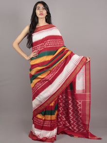 Red Green Yellow Ivory Ikat Handwoven Pochampally Mercerized Cotton Saree - S031701592