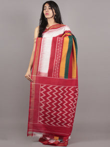 Red Green Yellow Ivory Ikat Handwoven Pochampally Mercerized Cotton Saree - S031701592