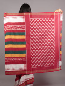 Red Green Yellow Ivory Ikat Handwoven Pochampally Mercerized Cotton Saree - S031701592