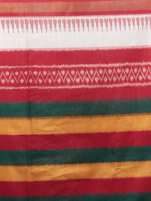 Red Green Yellow Ivory Ikat Handwoven Pochampally Mercerized Cotton Saree - S031701592