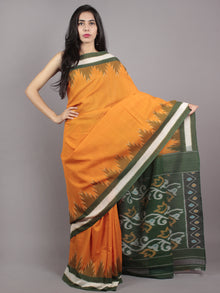 Yellow Green Ivory Ikat Handwoven Pochampally Mercerized Cotton Saree - S031701594
