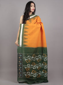 Yellow Green Ivory Ikat Handwoven Pochampally Mercerized Cotton Saree - S031701594