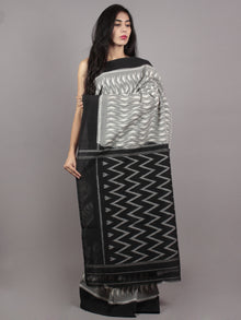 Grey Black Ivory Grey Ikat Handwoven Pochampally Mercerized Cotton Saree - S031701596