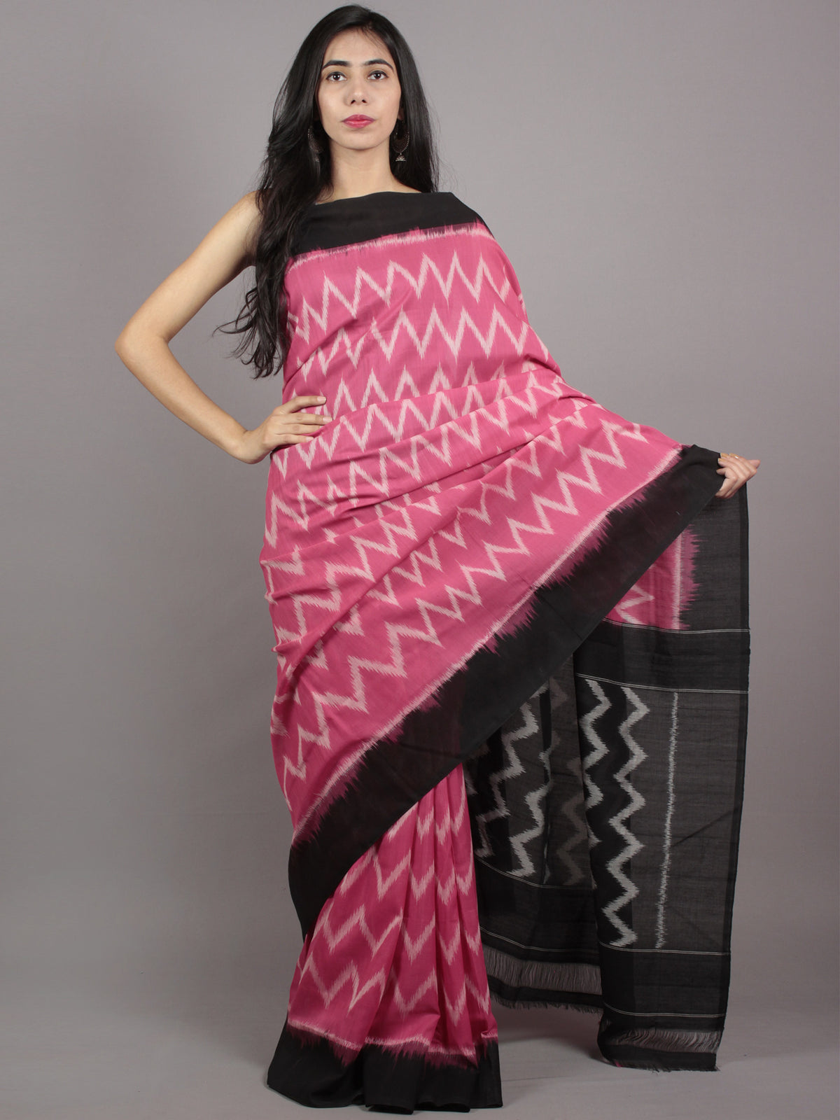 Pastel Pink Black Ivory Ikat Handwoven Pochampally Mercerized Cotton Saree - S031701597