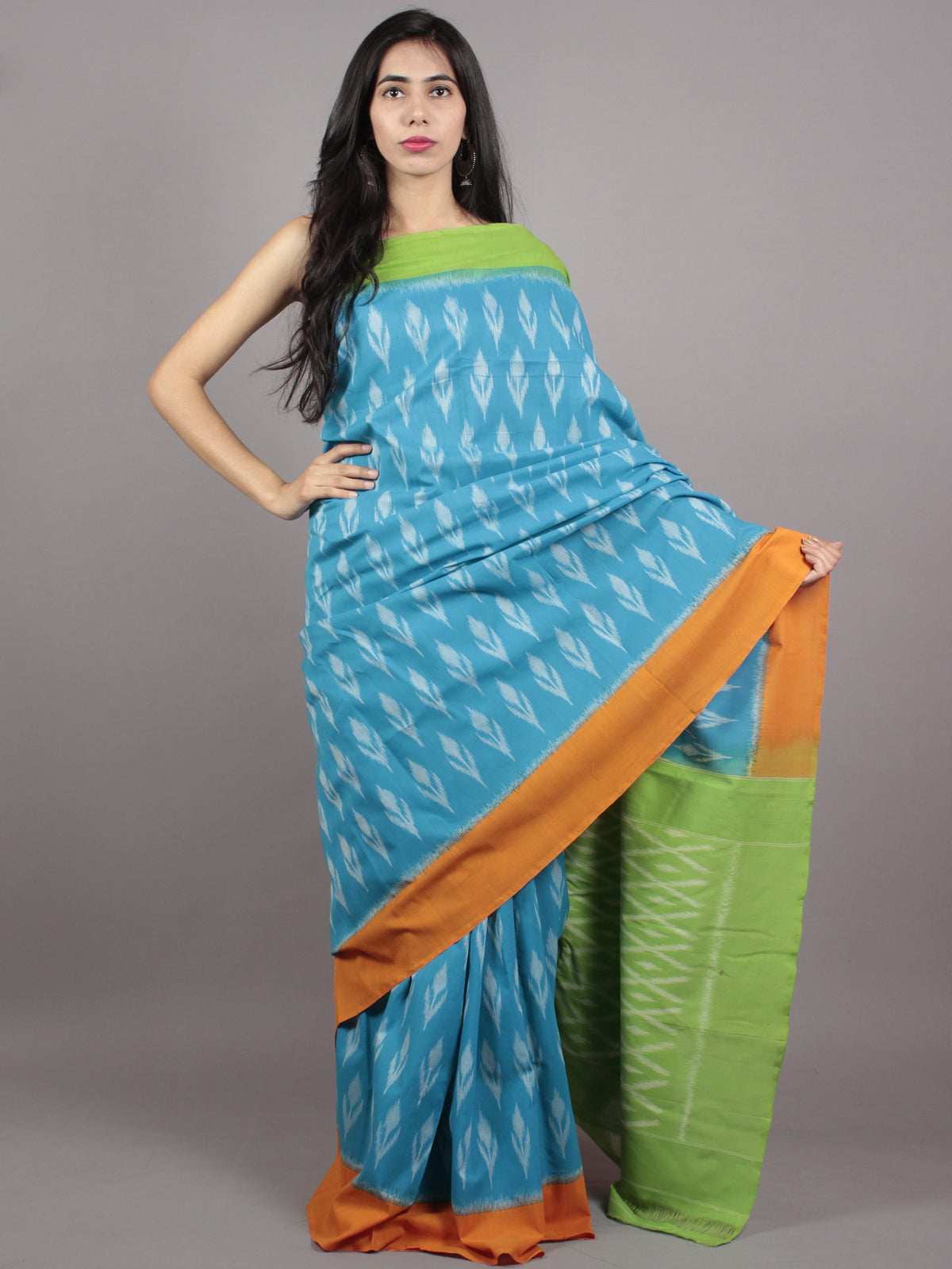 Sky Blue Green Yellow Ivory Ikat Handwoven Pochampally Mercerized Cotton Saree - S031701598