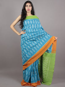 Sky Blue Green Yellow Ivory Ikat Handwoven Pochampally Mercerized Cotton Saree - S031701598
