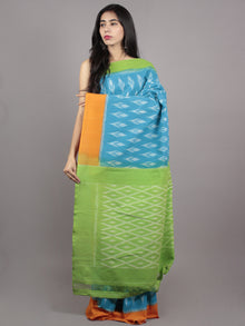 Sky Blue Green Yellow Ivory Ikat Handwoven Pochampally Mercerized Cotton Saree - S031701598