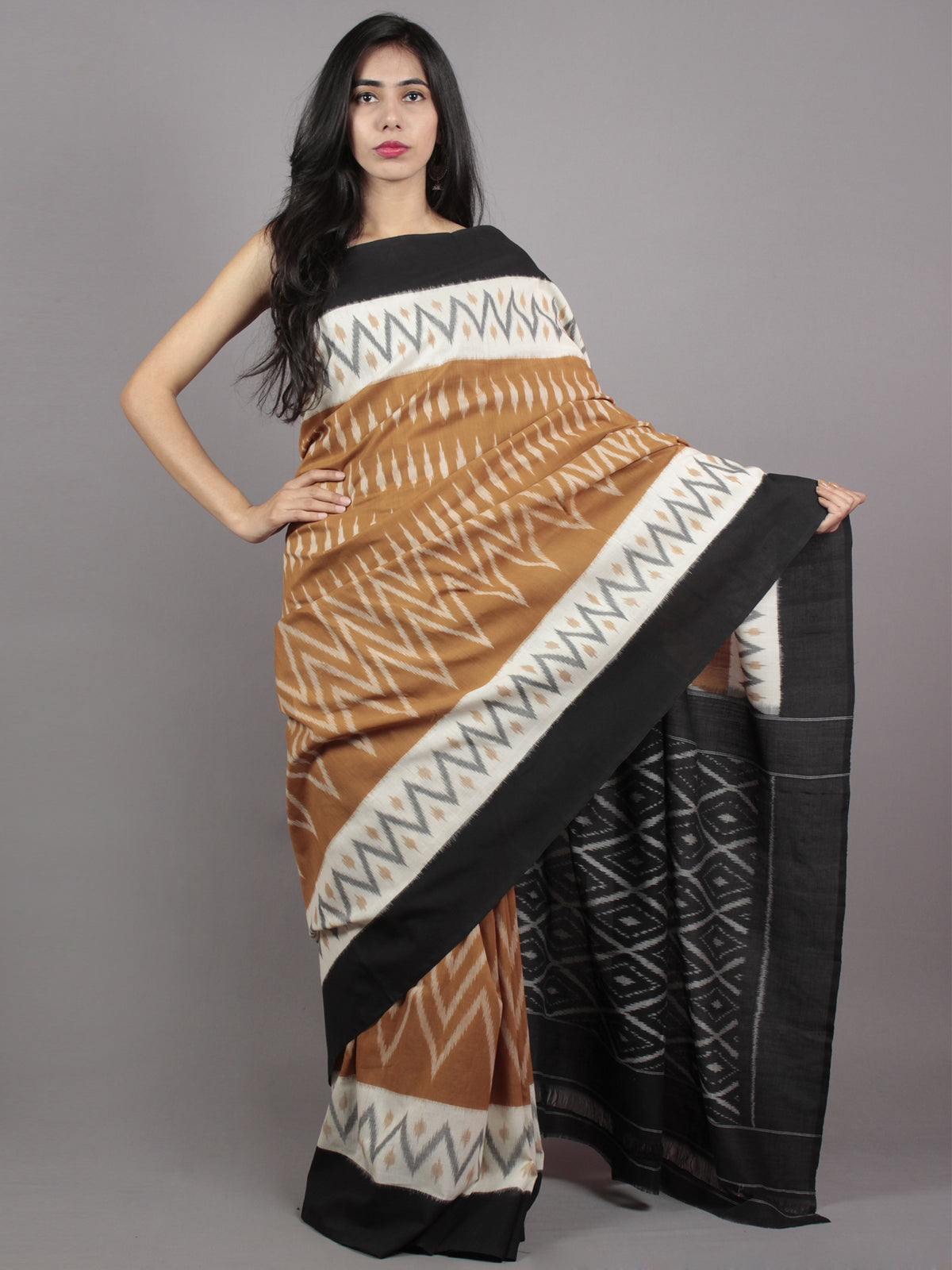 Brown Ivory Black Grey Ikat Handwoven Pochampally Mercerized Cotton Saree - S031701599