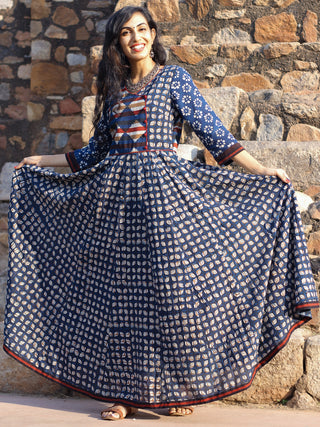 Indigo White Maroon Hand Block Cotton Dress Voluminous Flare