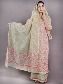 Ivory Pink Green Hand Block Printed Chanderi Kurta-Salwar Fabric With Chanderi Dupatta - S1628031