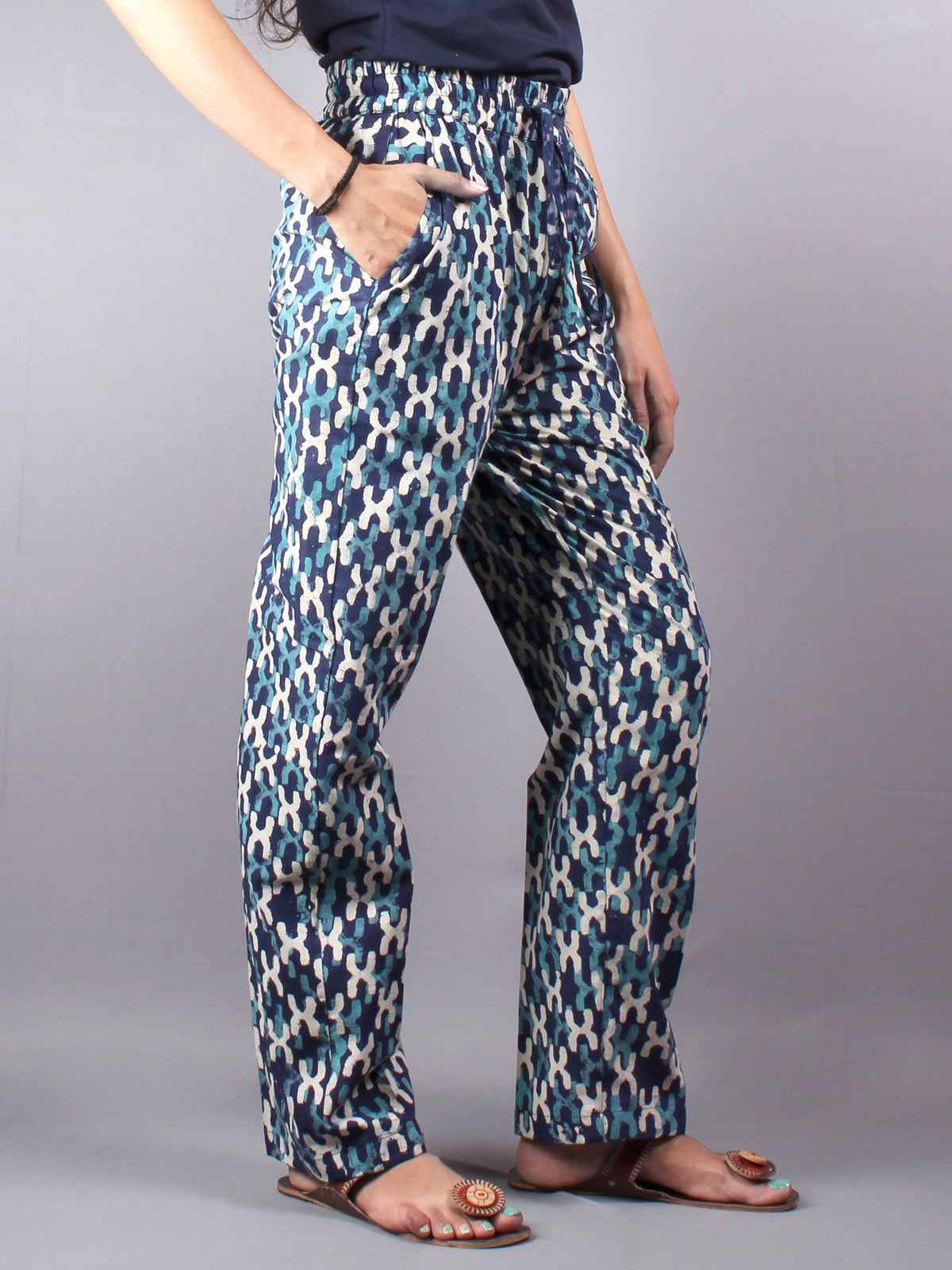 Indigo Hand Block Printed Elasticated Waist Trousers- T0317016