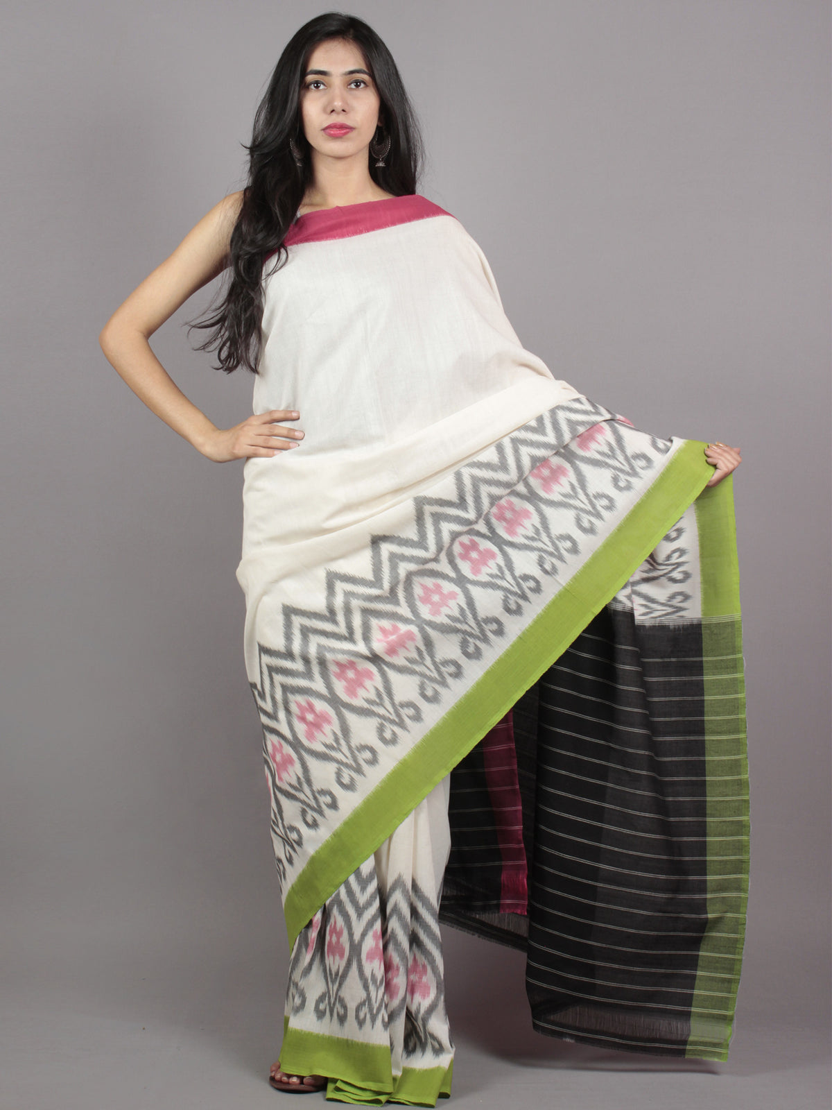 Ivory Green Pink Black Grey Ikat Handwoven Pochampally Mercerized Cotton Saree - S031701602