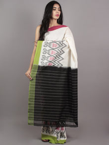 Ivory Green Pink Black Grey Ikat Handwoven Pochampally Mercerized Cotton Saree - S031701602