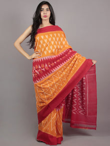 Red Orange Ivory Ikat Handwoven Pochampally Mercerized Cotton Saree - S031701603