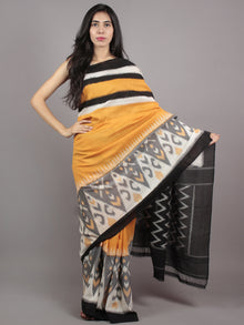 Orange Ivory Black Grey Ikat Handwoven Pochampally Mercerized Cotton Saree - S031701606