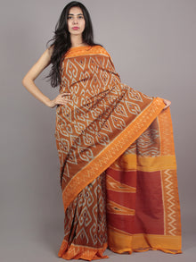 Brown Orange Red Grey Ikat Handwoven Pochampally Mercerized Cotton Saree - S031701608