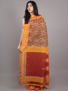 Brown Orange Red Grey Ikat Handwoven Pochampally Mercerized Cotton Saree - S031701608