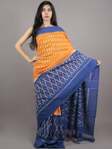 Orange Blue Ivory Grey Ikat Handwoven Pochampally Mercerized Cotton Saree - S031701610