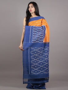 Orange Blue Ivory Grey Ikat Handwoven Pochampally Mercerized Cotton Saree - S031701610