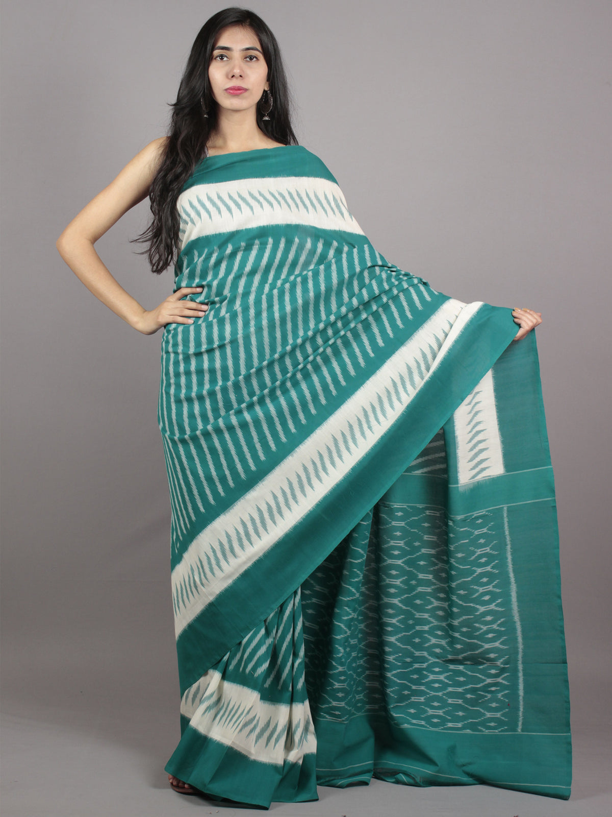 Teal Green Ivory Grey Ikat Handwoven Pochampally Mercerized Cotton Saree - S031701612