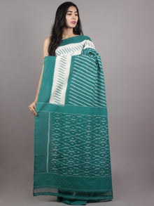 Teal Green Ivory Grey Ikat Handwoven Pochampally Mercerized Cotton Saree - S031701612