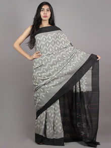 Grey Black Ivory Grey Ikat Handwoven Pochampally Mercerized Cotton Saree - S031701613