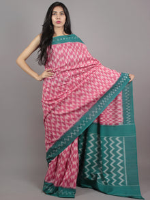 Pink Green Ivory Ikat Handwoven Pochampally Mercerized Cotton Saree - S031701614