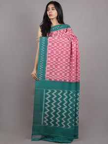 Pink Green Ivory Ikat Handwoven Pochampally Mercerized Cotton Saree - S031701614