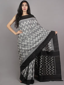 Grey Ivory Black Ikat Handwoven Pochampally Mercerized Cotton Saree - S031701616