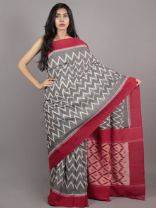 Grey Ivory Maroon Ikat Handwoven Pochampally Mercerized Cotton Saree - S031701617