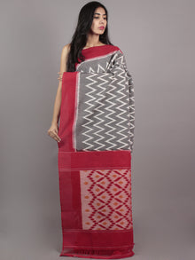 Grey Ivory Maroon Ikat Handwoven Pochampally Mercerized Cotton Saree - S031701617