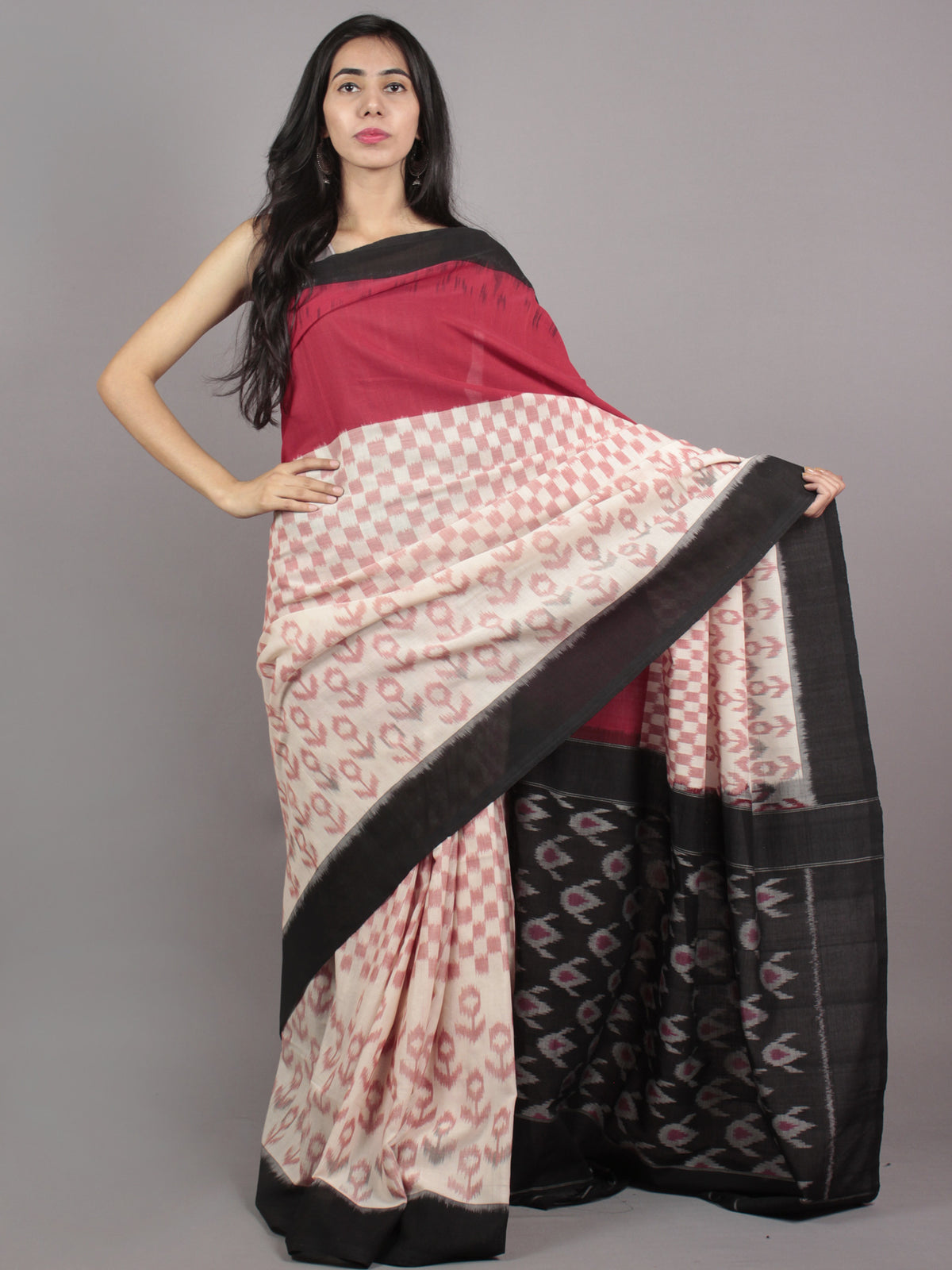 Red Ivory Black Pink Ikat Handwoven Pochampally Mercerized Cotton Saree - S031701620