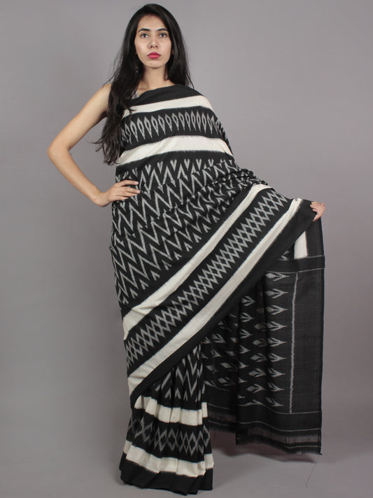 Black Ivory Grey Ikat Handwoven Pochampally Mercerized Cotton Saree - S031701622