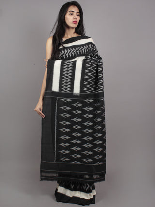 Black Ivory Grey Ikat Handwoven Pochampally Mercerized Cotton Saree - S031701622