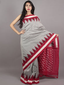 Grey Maroon Red Ivory Ikat Handwoven Pochampally Mercerized Cotton Saree - S031701627
