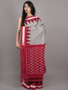Grey Maroon Red Ivory Ikat Handwoven Pochampally Mercerized Cotton Saree - S031701627