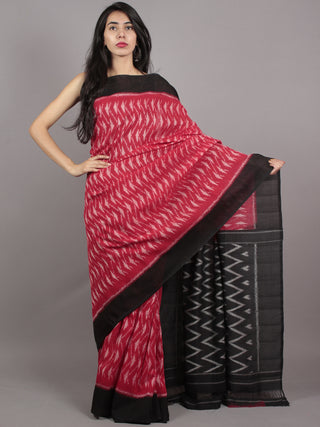 Red Black Grey Ikat Handwoven Pochampally Mercerized Cotton Saree - S031701628