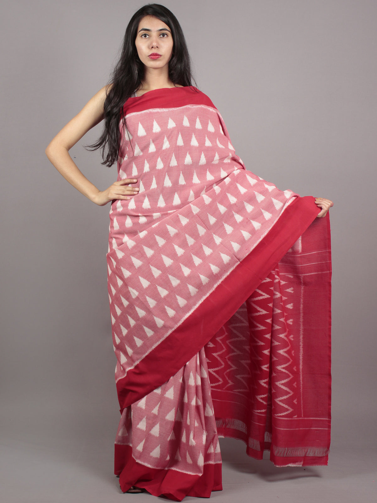 Red Maroon Ivory Ikat Handwoven Pochampally Mercerized Cotton Saree - S031701629