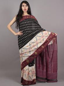 Black Purple Ivory Pink Grey Ikat Handwoven Pochampally Mercerized Cotton Saree - S031701631